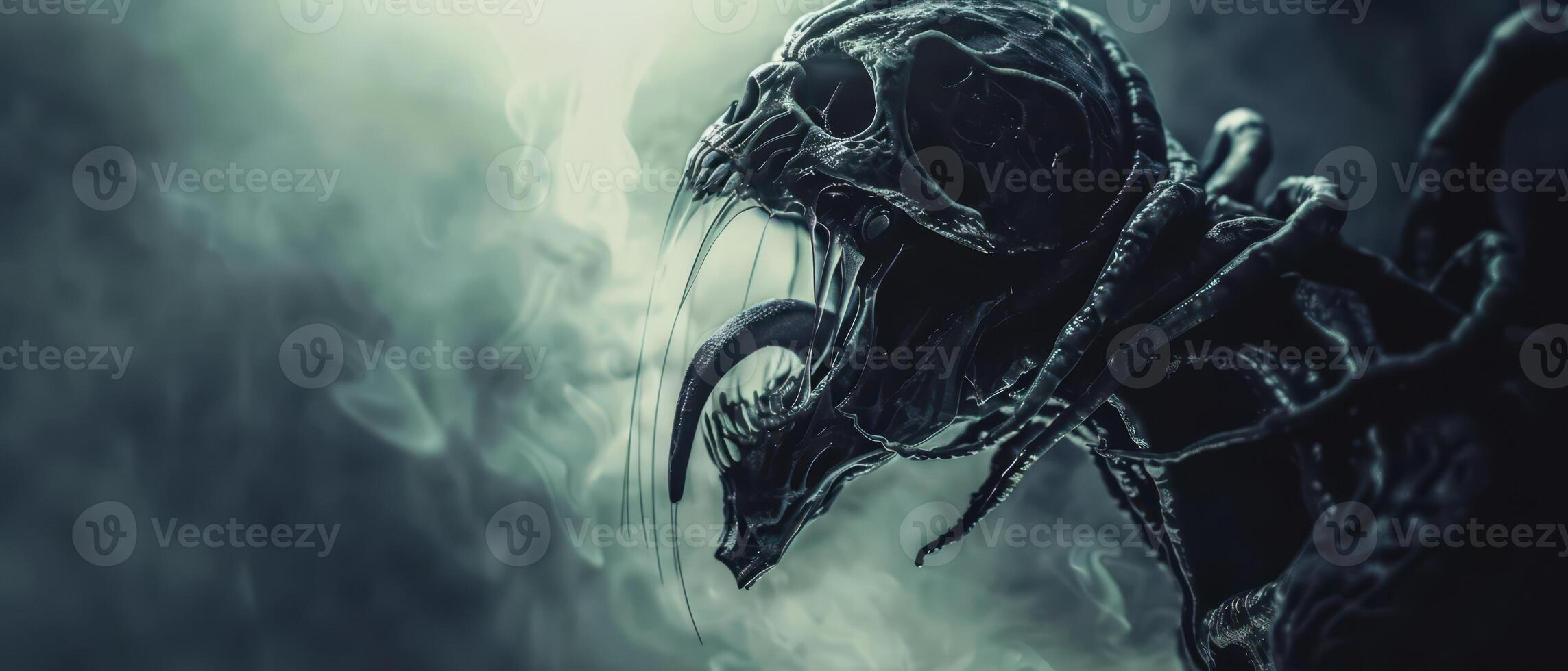 A Close-Up Of A Glowing, Ferocious Monster Against A Dark, Cloudy Sky photo