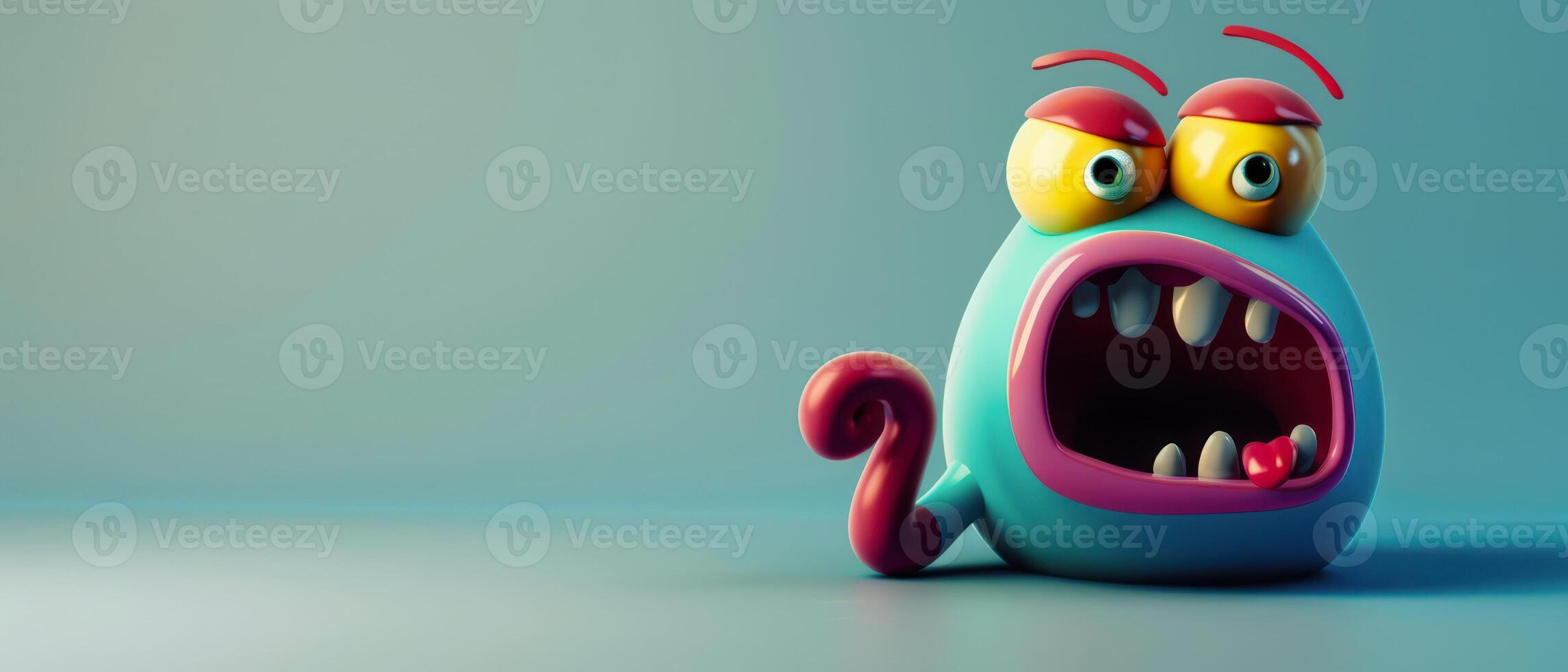 Playful Blue Monster With Red Eyebrows and Open Mouth on Blue Background photo