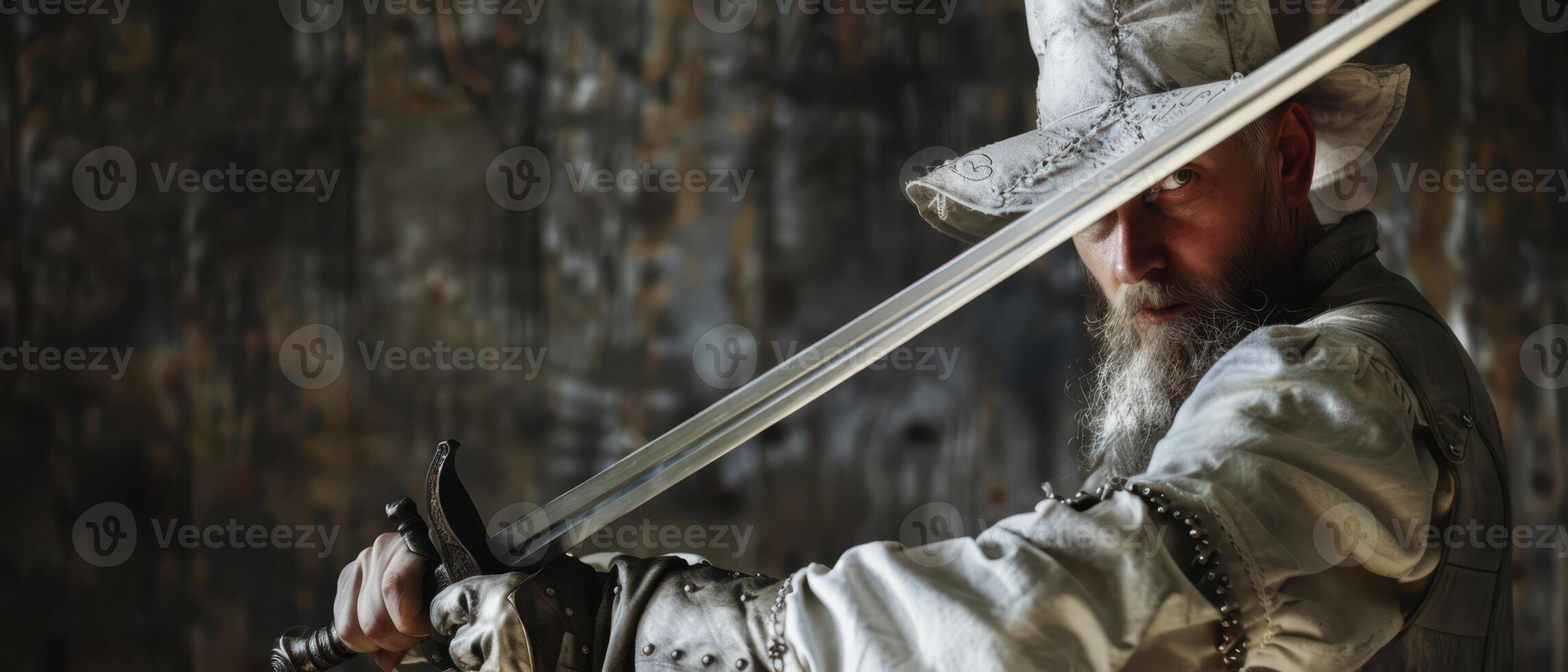 A Bearded Man In A Wide-Brimmed Hat Holds A Sword In Front Of A Stone Wall photo