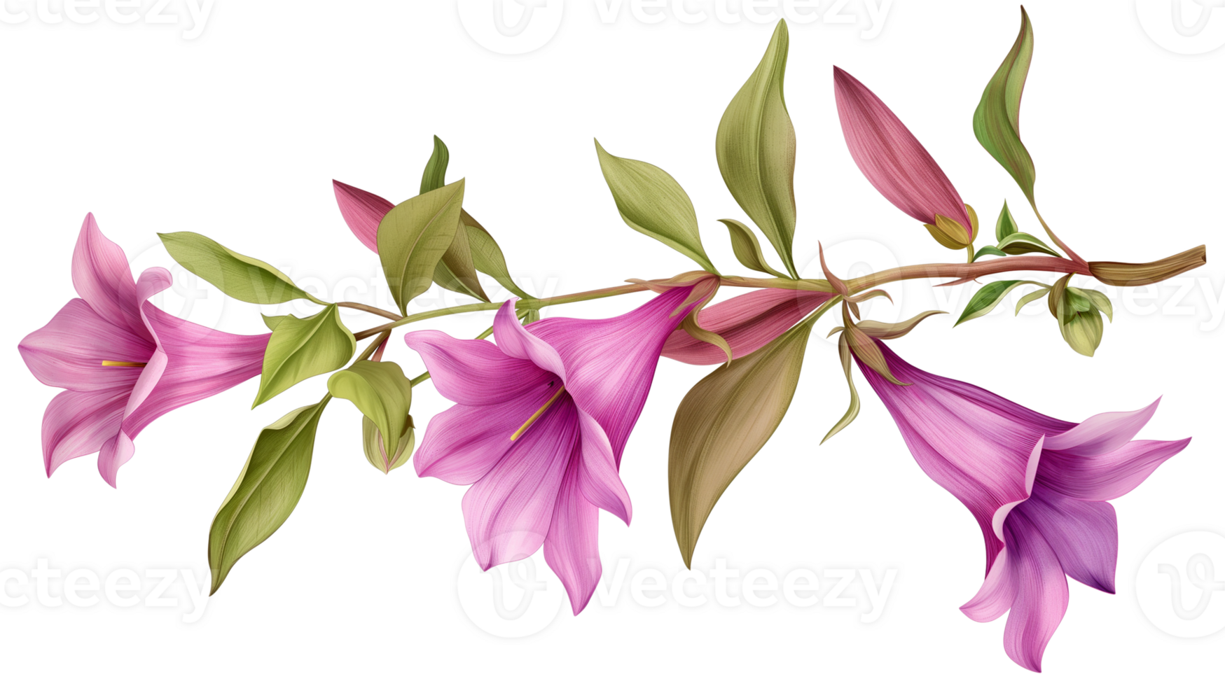 A purple flower with green leaves is shown in the center of the image. The flower is surrounded by other purple flowers, creating a beautiful and serene scene. Scene is peaceful and calming png