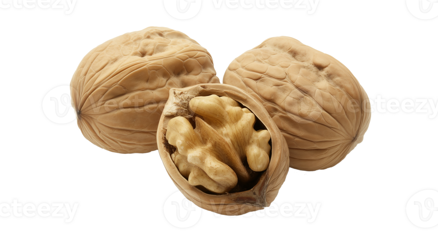 A close up of a bunch of walnuts with one of them open. The nuts are all different sizes and shapes png