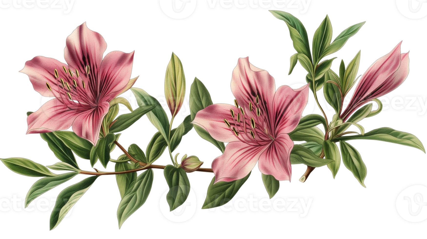 A drawing of three pink flowers with green leaves. The flowers are arranged in a line, with the middle one slightly larger than the others. Scene is peaceful and serene, with the flowers png