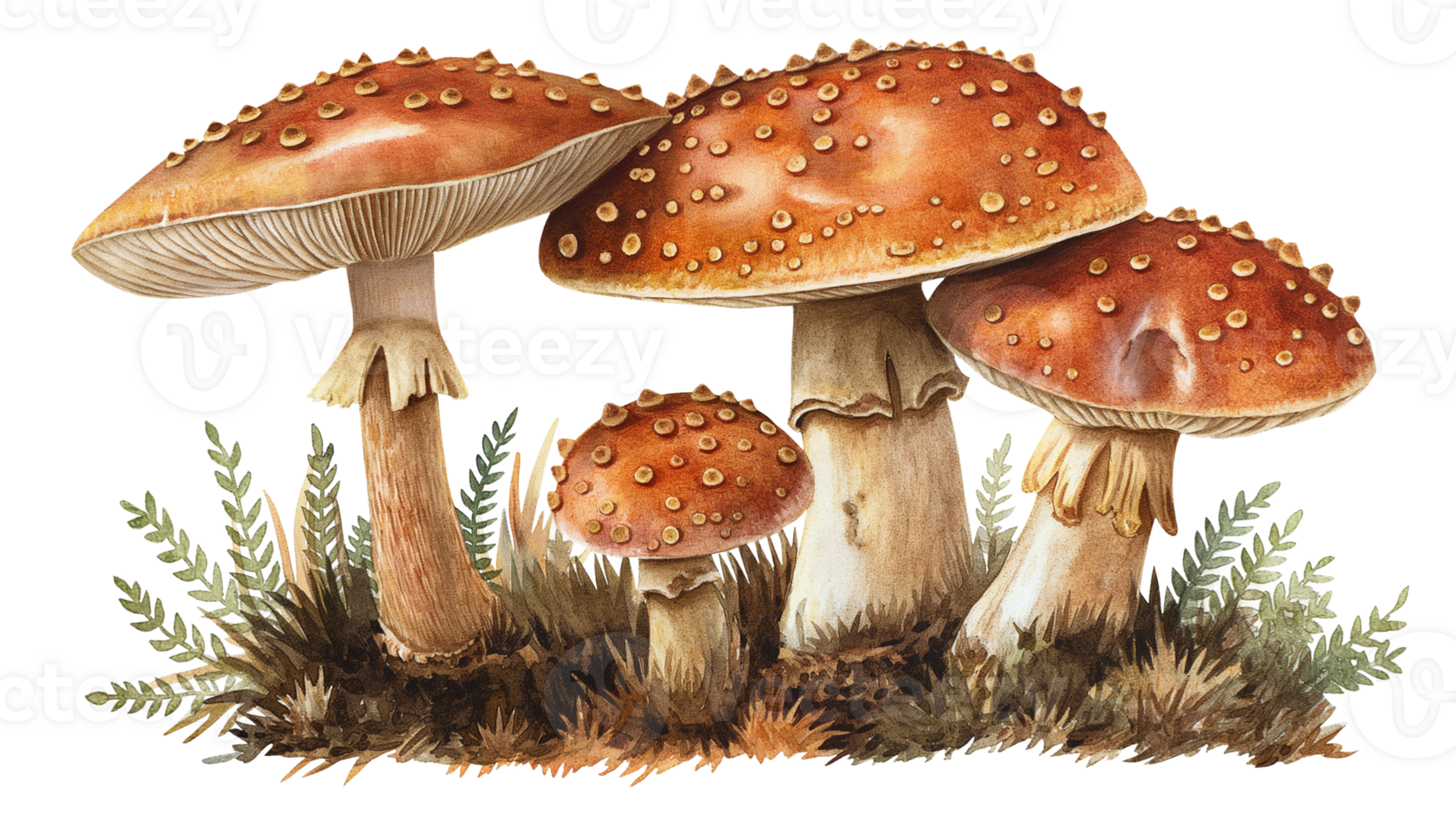 A group of mushrooms with a brown cap and white stem. The mushrooms are arranged in a row and are surrounded by grass png