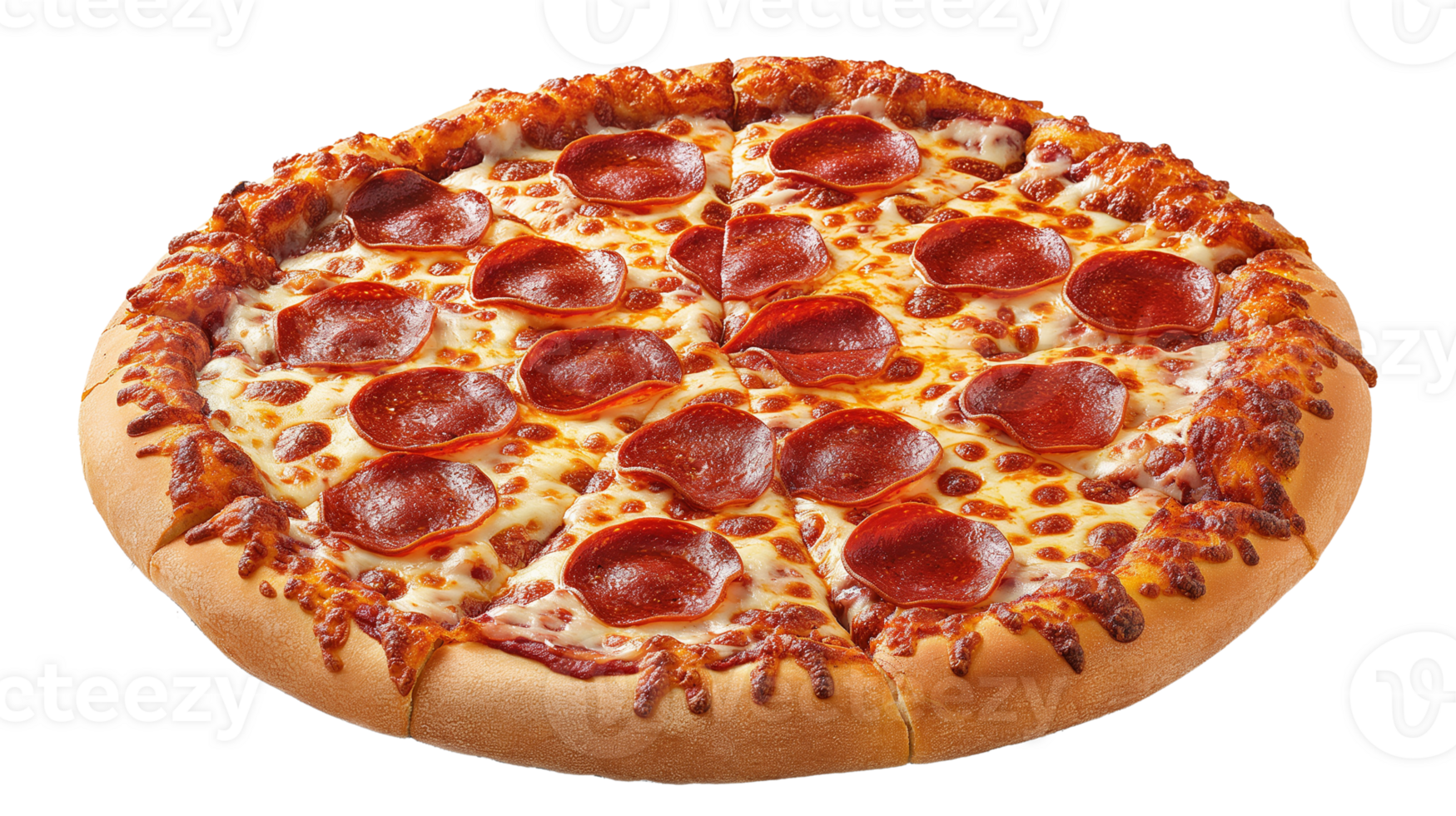 A large pepperoni pizza with melted cheese. The pizza is sitting on a silver pan. The pizza is very cheesy and has a lot of pepperoni on it png