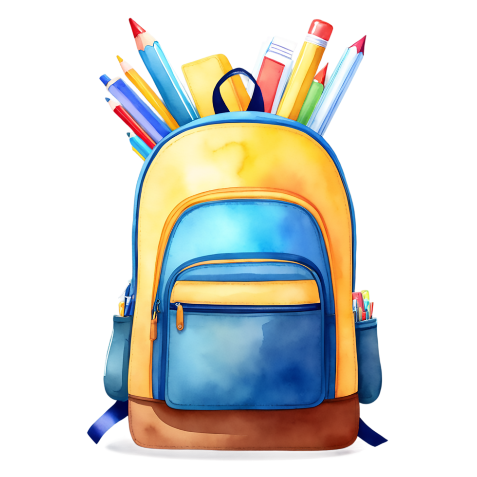 watercolor illustration, banner template mock up depicting back to school concept with backpack, stationary, books and school items. Copy space for custom text png