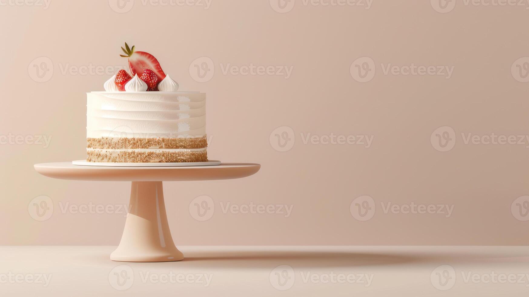 simple cake with berries on a cake tin on a leg on a beige background with copy space photo