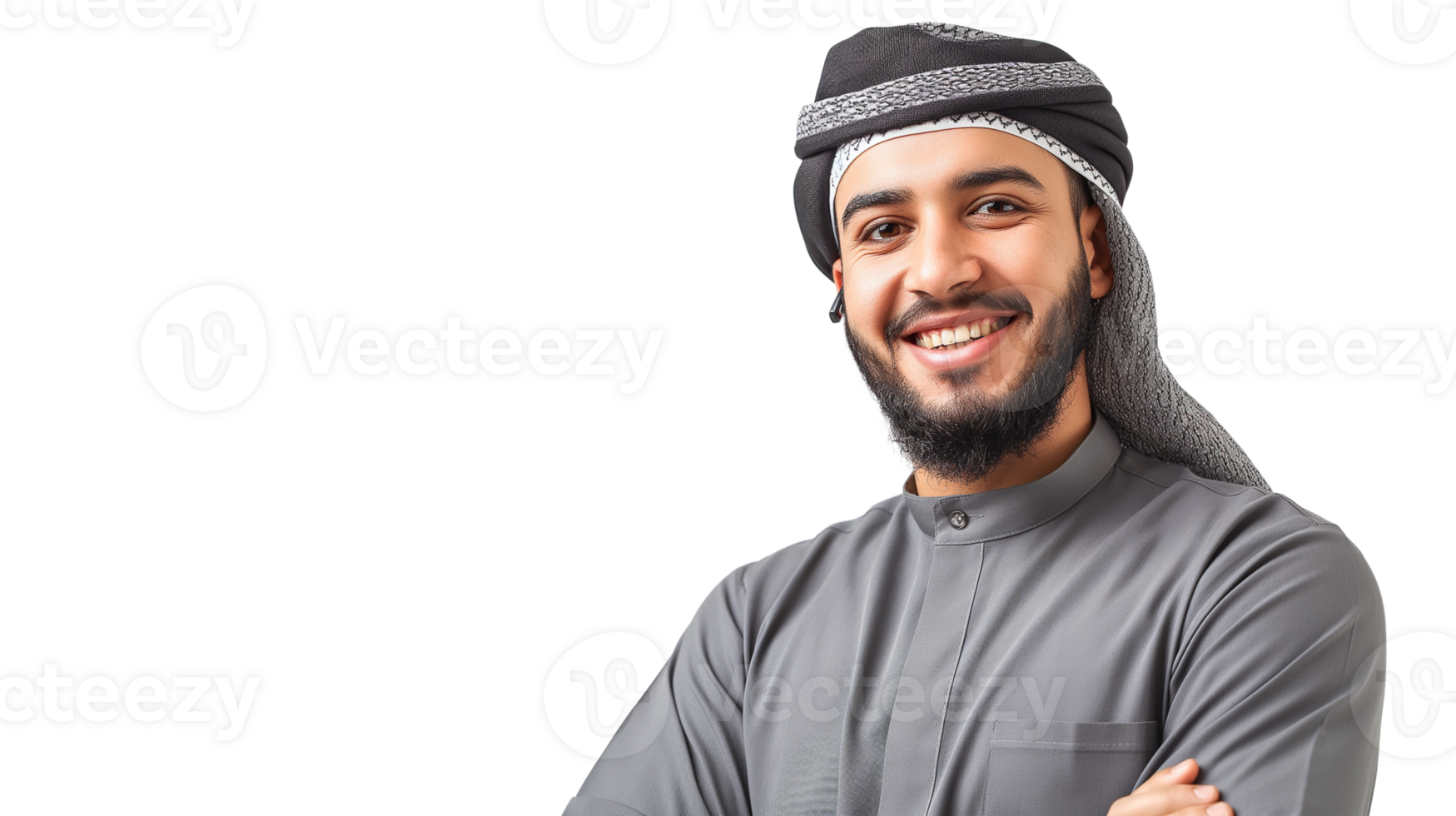 A man wearing a grey and black scarf is smiling. He is posing for a picture. The scarf is on his head and neck png