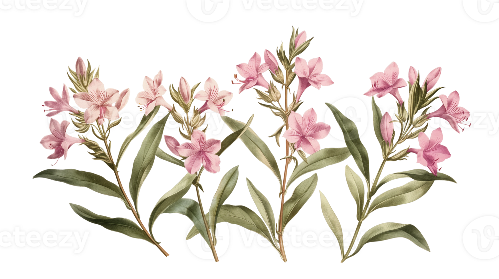Three pink flowers are arranged in a row, with one of them being the tallest. The flowers are surrounded by green leaves, giving the impression of a natural, peaceful scene png