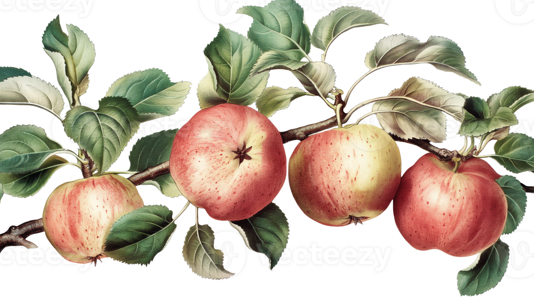 A close up of four apples hanging from a tree branch. The apples are red and green in color png