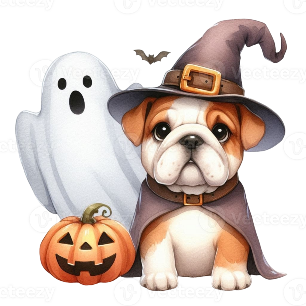 aigenerated pug dog in a witch hat and pumpkin png