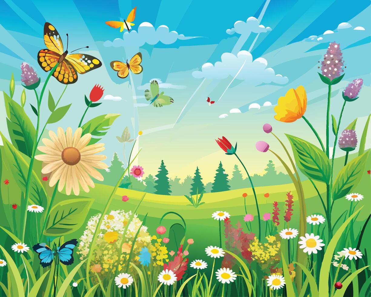 A sunlit meadow filled with butterflies vector