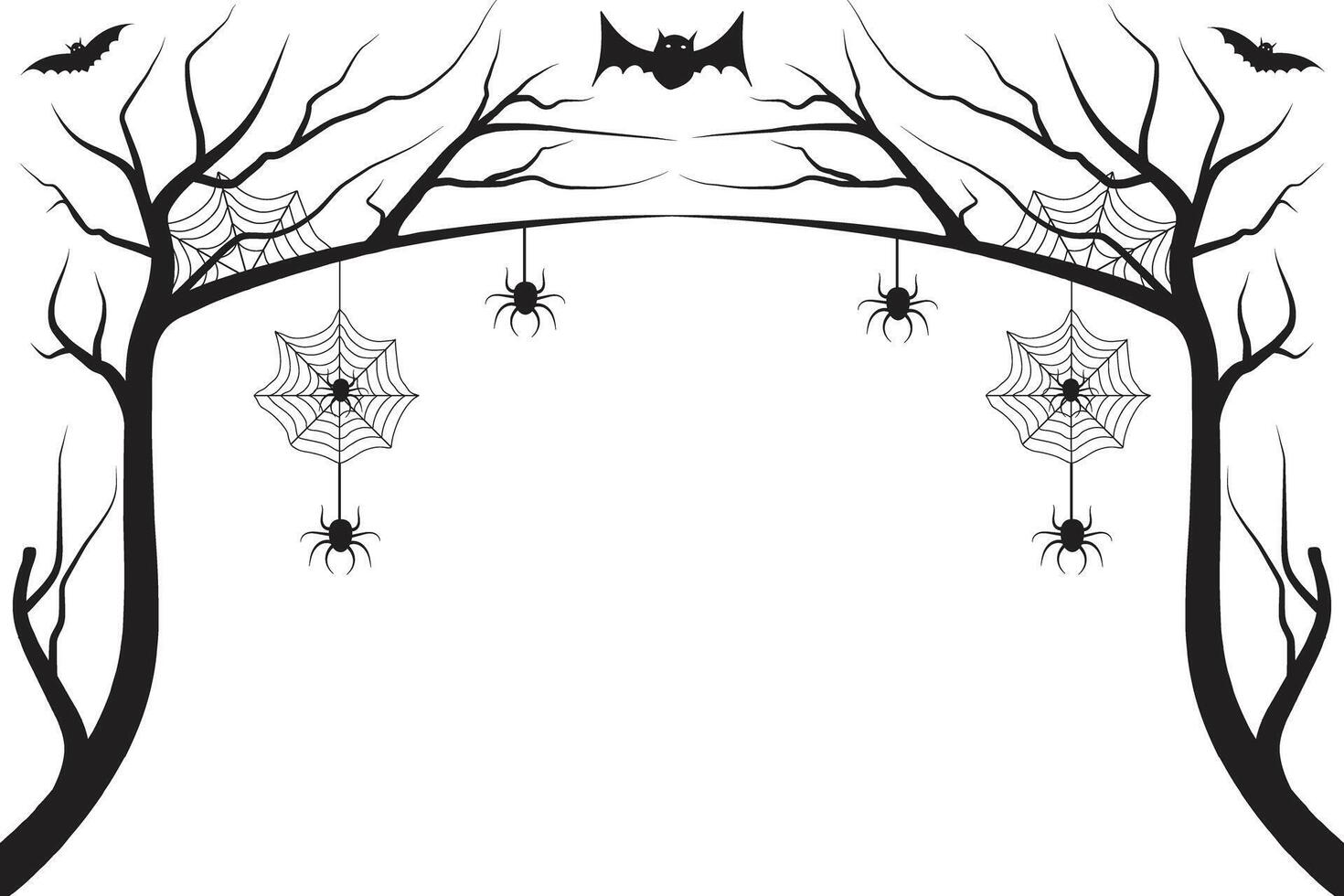 Hand drawn Halloween dry tree with stretched Bat Hanging on spiders web black and white isolated background, Winter Naked creepy old trees No leaves bare branch Scary Spider silhouettes vector