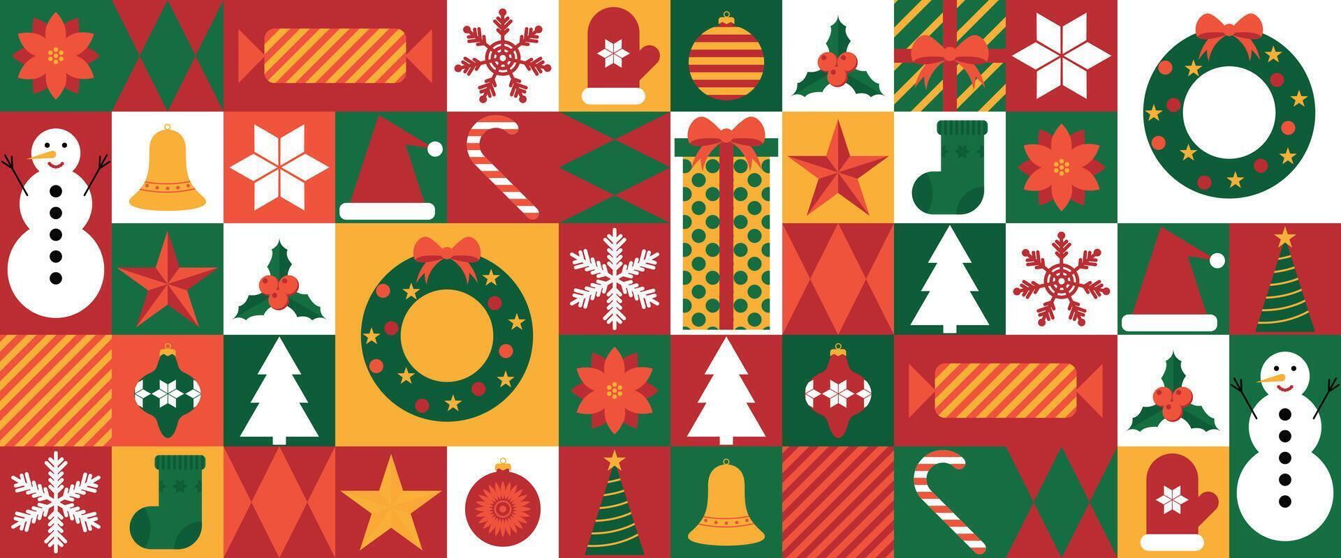 Modern mosaic pattern with Christmas icons. Abstract geometric background design for Merry Christmas and Happy New Year. Suitable for holiday design of card, poster, banner, wrapping paper. vector