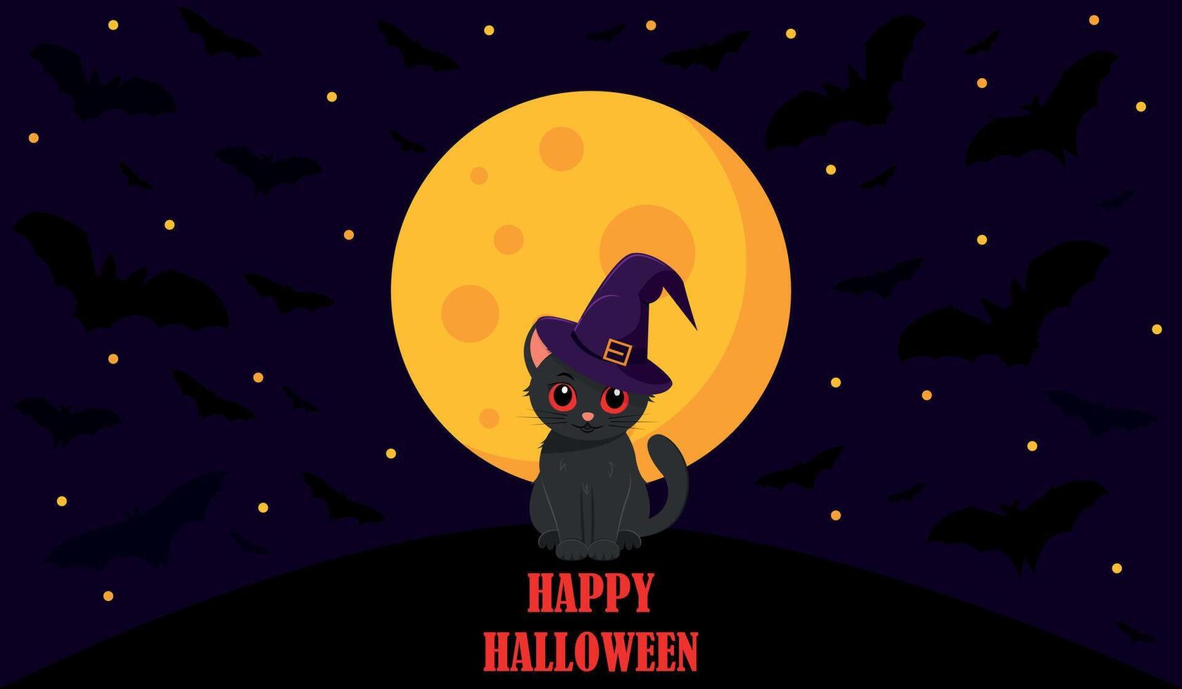 Happy Halloween. Holiday banner design with black cat wearing witch hat against the background of the night sky, the moon and flock of bats. illustration vector