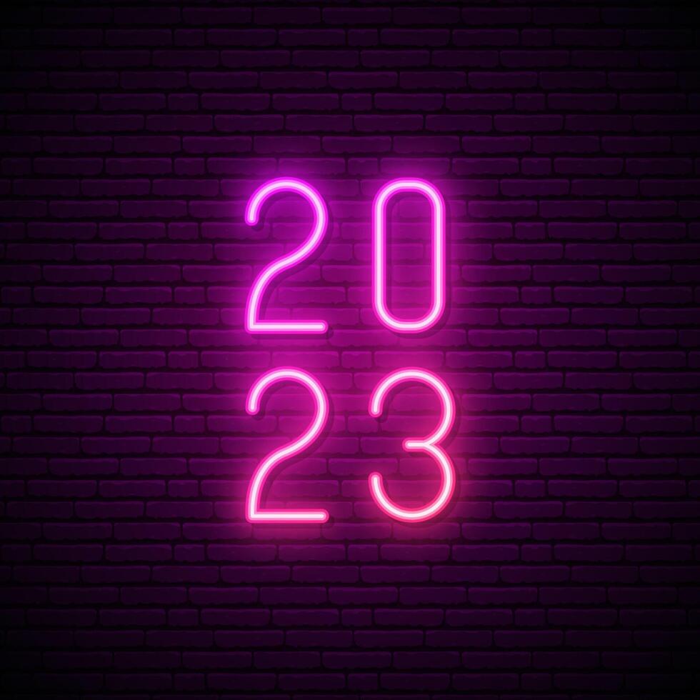 neon sign of the year 2023 on a brick wall background vector