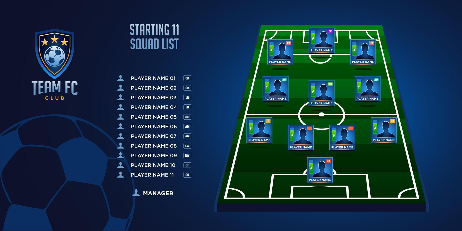 modern football game plan formation board. starting eleven illustration. Football graphic for soccer starting lineup squad, Soccer line up, Football starting XI. vector