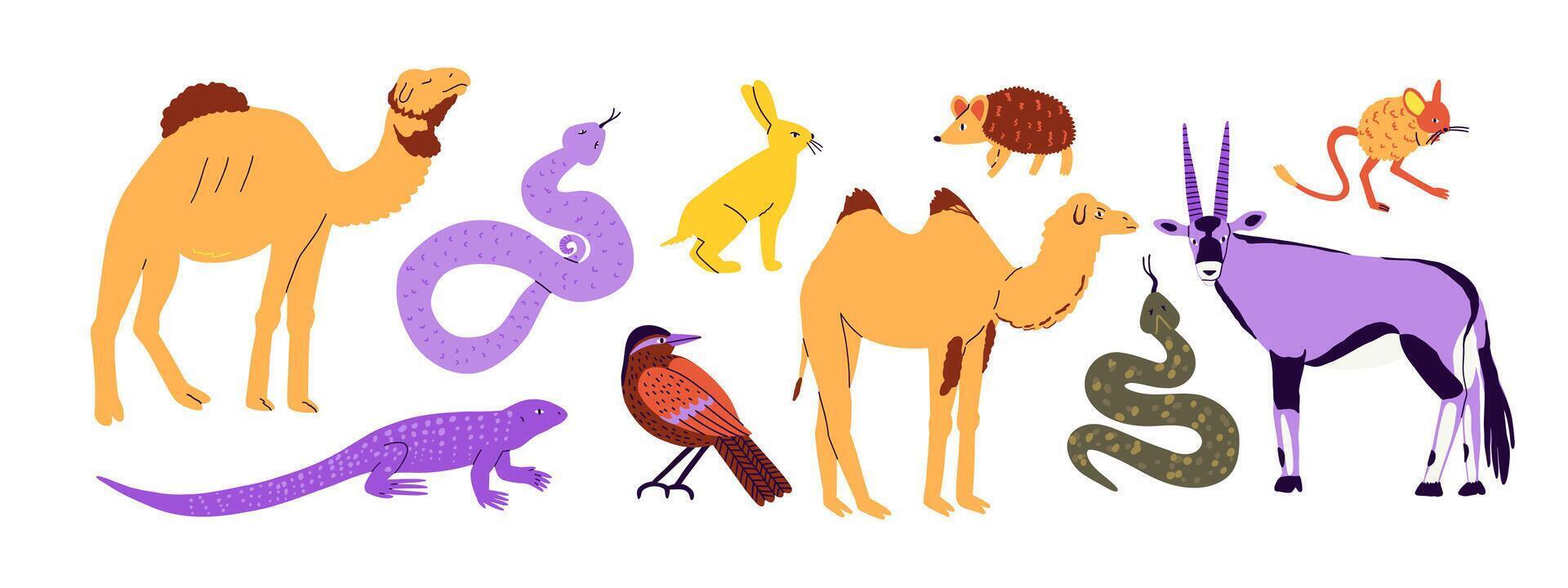 Set of desert animals in flat style. Summer, desert, animals. Hand drawn illustration. vector