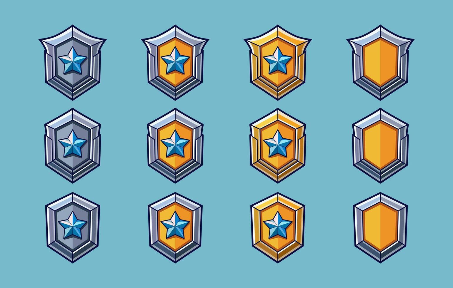 Colorful cartoon badge icon with stars. Shield and protection icon. Metallic silver and gold level rank. For fantasy and rpg games. vector