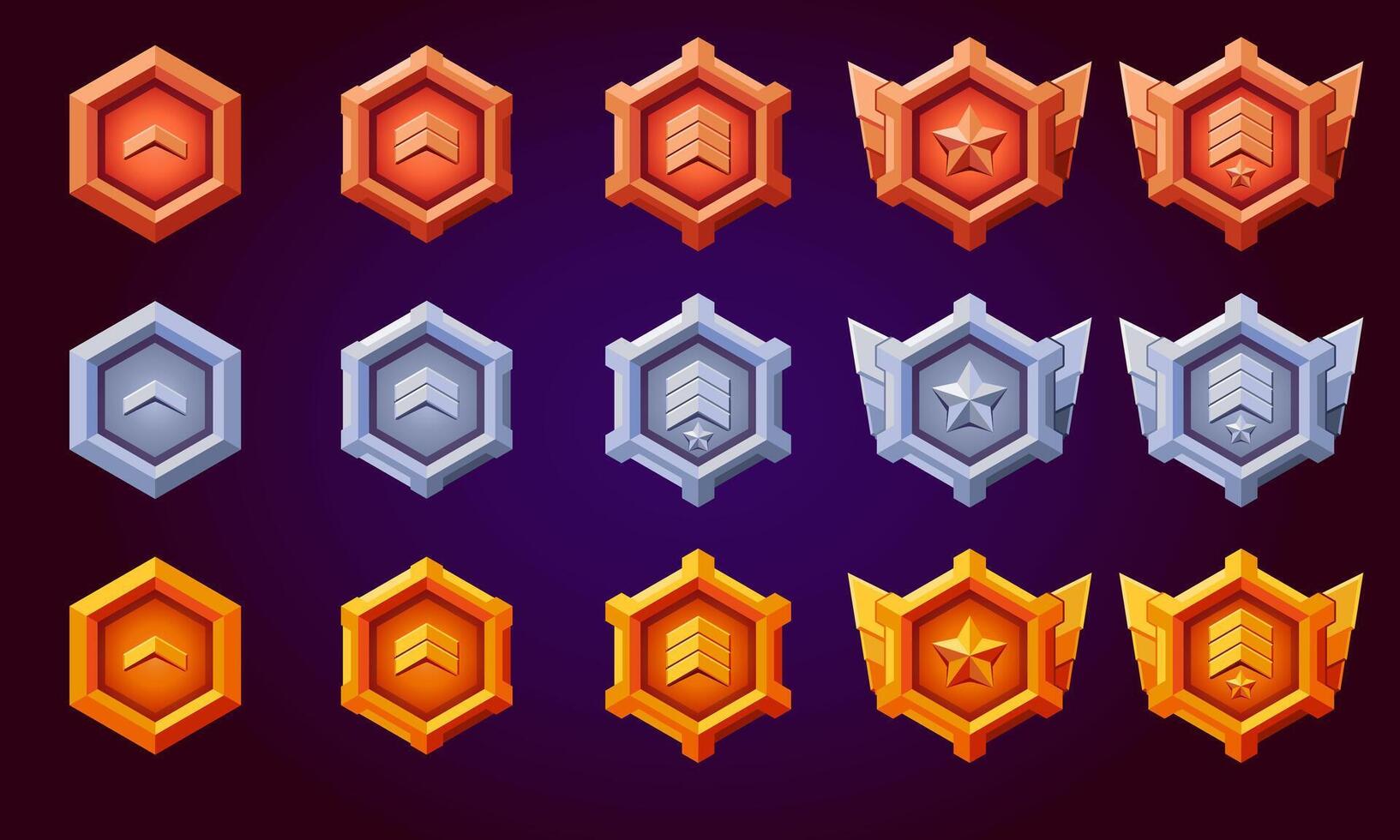 Insignia rank badges. Realistic of silver, bronze, gold hexagon with wings, spikes, stars, level progress symbol. Flat design. Metallic style. vector
