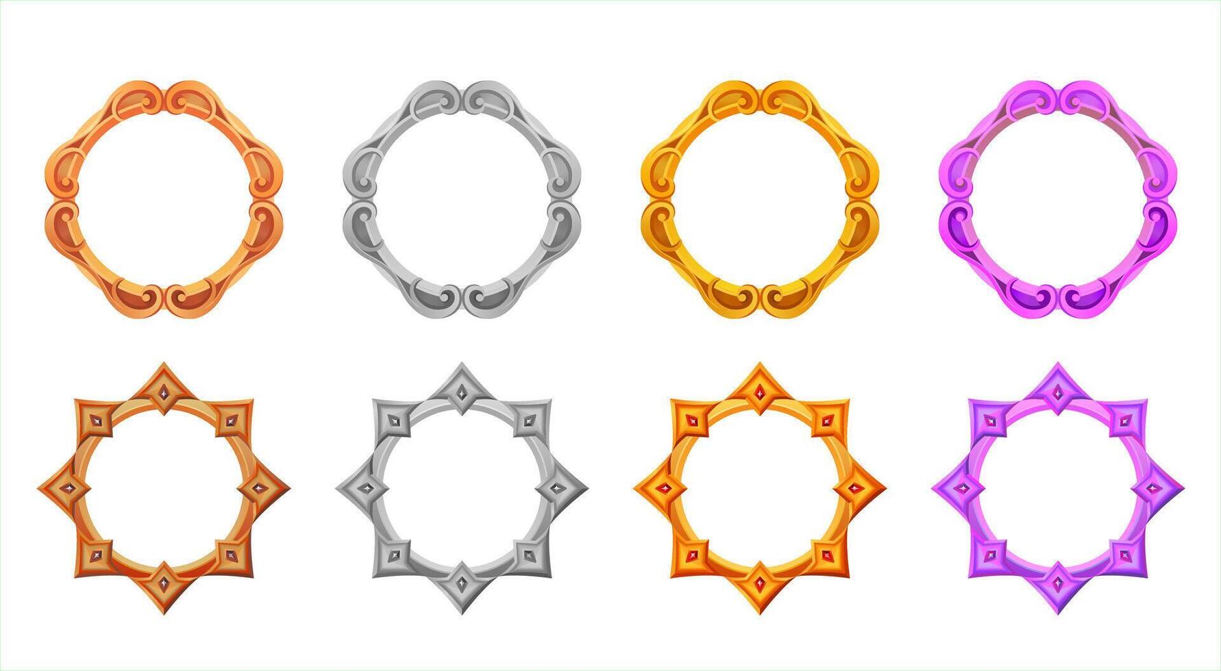 Metallic frame avatar set. Gold, silver, bronze, purple style for fantasy ui. Rounded circle ring classic style. Frame for rpg and fantasy games. vector