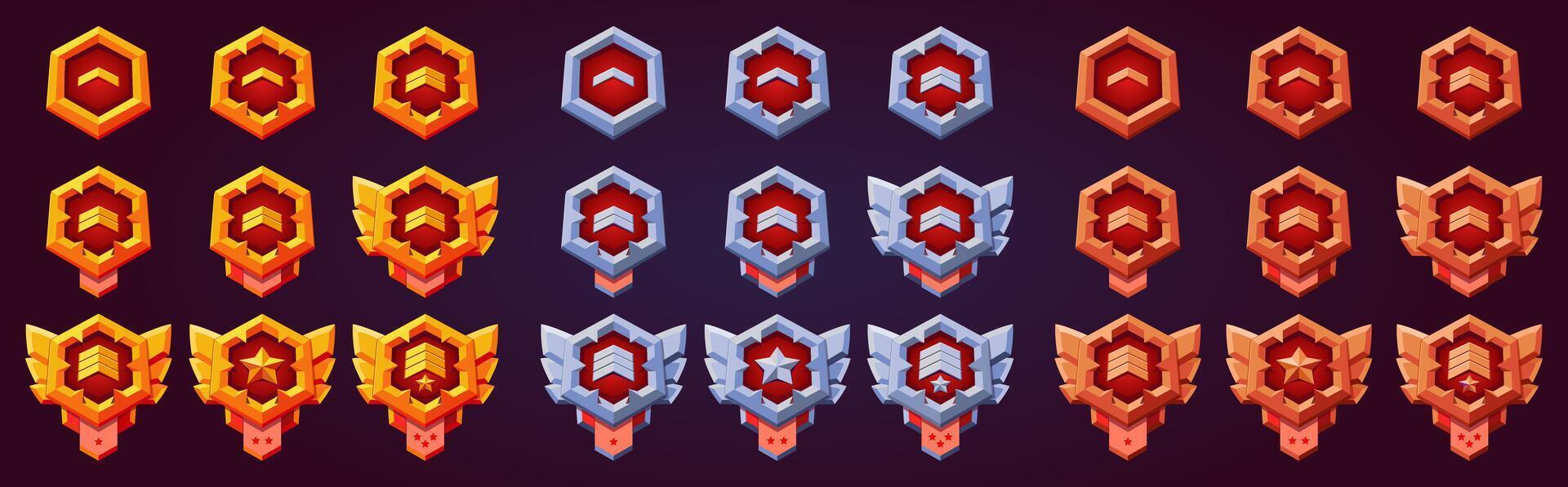 Game level rank badges collection. Progress insignia, victory, award, conquest. flat metallic achievements, gold, silver, bronze emblem for progress and award. Red color. vector