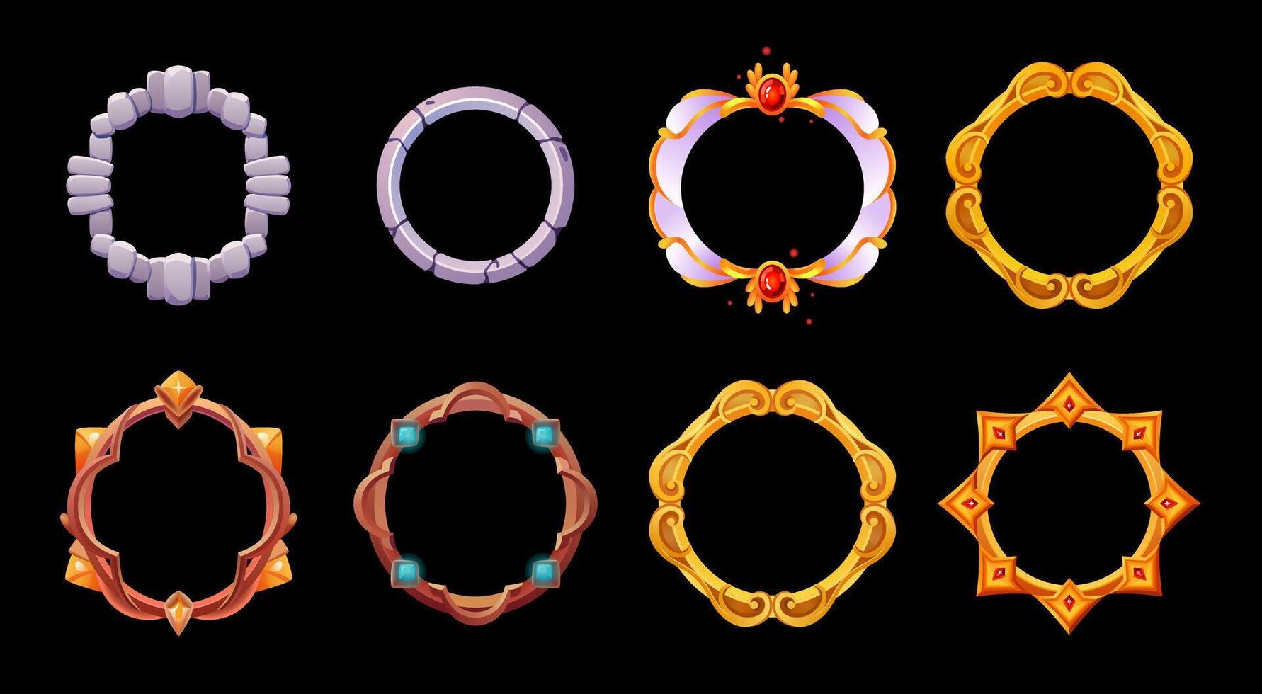 Fantasy game avatar frame set. Rank border badge icon. Metallic round level ring frame. Stone and metal interface asset for rpg. Empty gold, silver, bronze reward graphic frame. Gemstone. vector