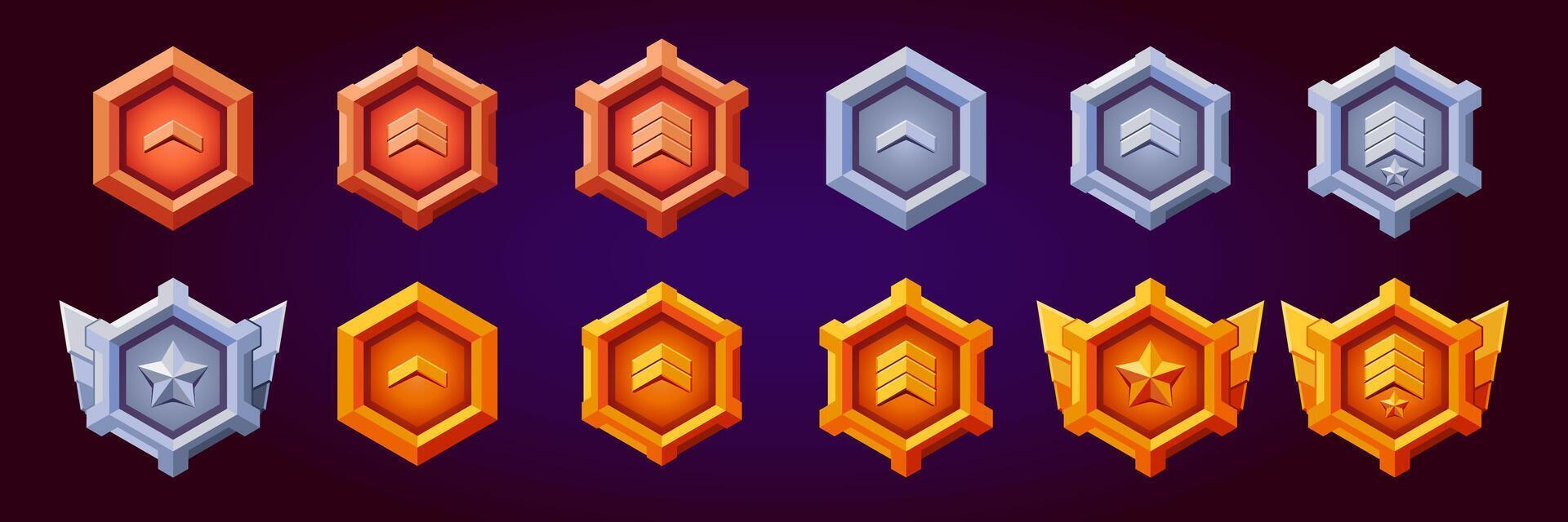 Level game rank badges set. 12 Realistic of silver, bronze, gold hexagon with level progress symbol. Realistic flat design. Metallic style. Progress and awards. vector