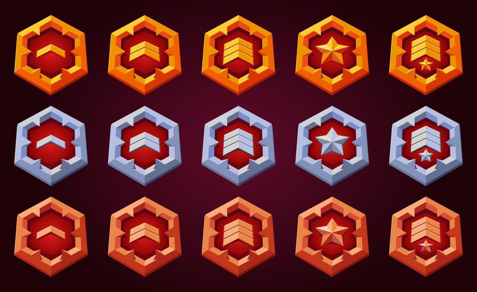 Game level up reward badges set with spykes.Rank reward, victory, success achievement award trophy. flat golden symbol for progress and evolution. Red color. vector