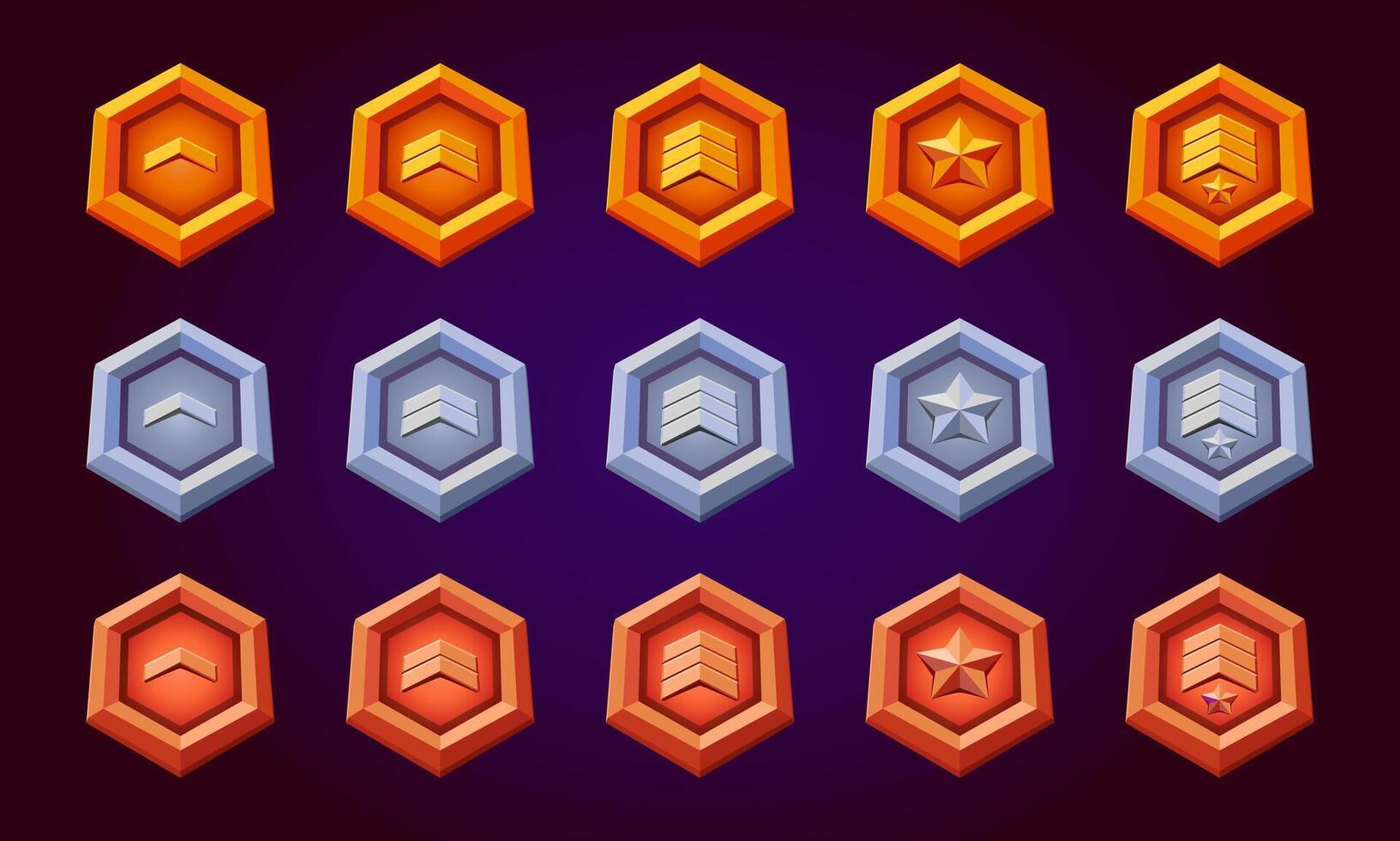 Level game rank badges. Realistic of silver, bronze, gold hexagon with stars, level progress symbol. Flat design. Military metallic style. Assets for evolution. vector