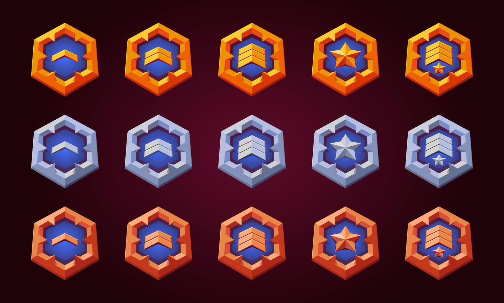 Game level up medal rank badges set. flat golden emblem for progress and award. Rank insignia, victory achievement award success. High quality gold, silver and bronze. Blue color. vector