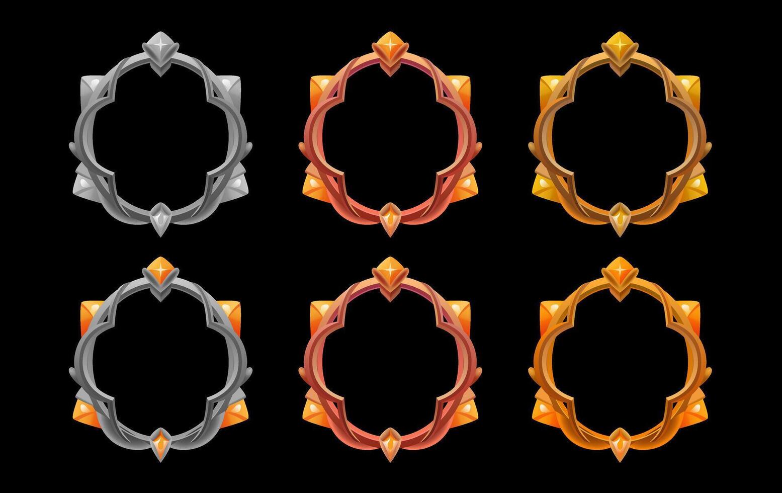 Metallic gold, silver, bronze frame and gemstones set. Rank border badge. Avatar frame rank level ring frame. Metal interface asset for avatar. Empty golden, silver and bronze white reward vector