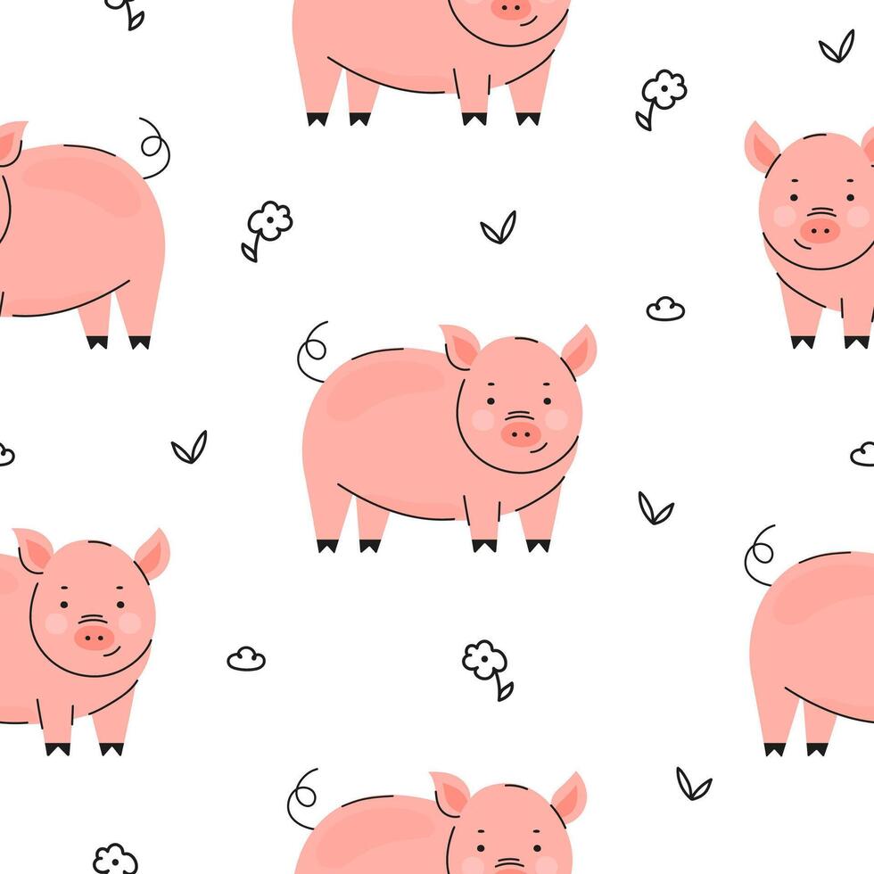 Cute pig with flower seamless pattern background vector