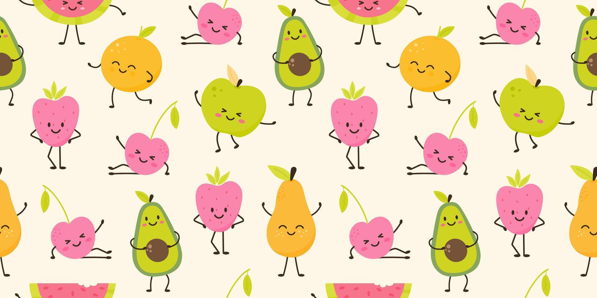 Cute seamless pattern of fruit funny character vector