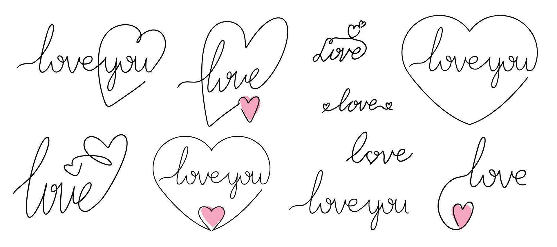 Set of love inscriptions. Continuous one line drawing of heart and love inscription. Valentine's Day concept. Trendy minimalist illustration. vector