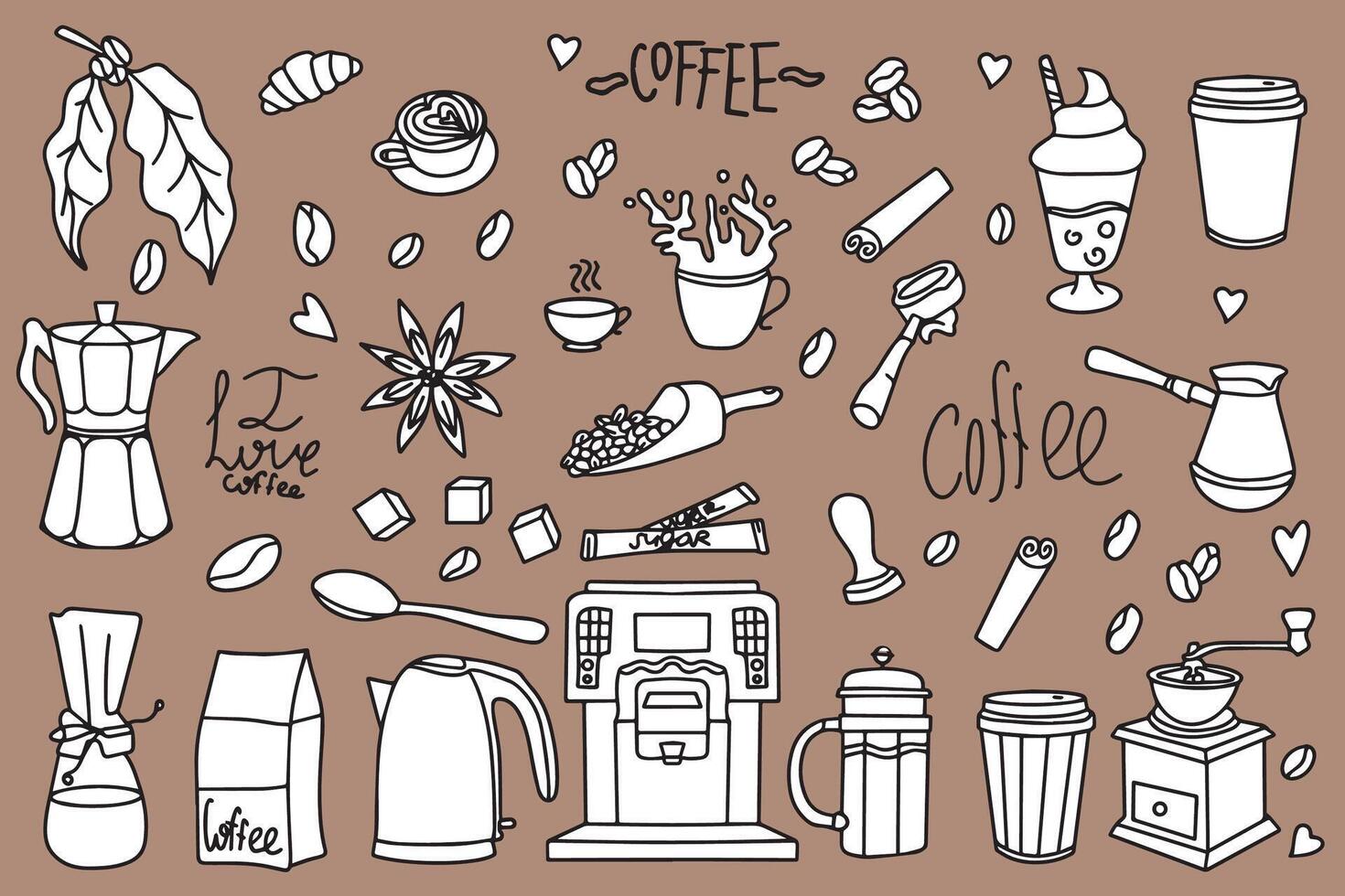 Set of hand drawn coffee designs drinks, snacks and coffee utensils in doodle style. outline of hand drawn vector