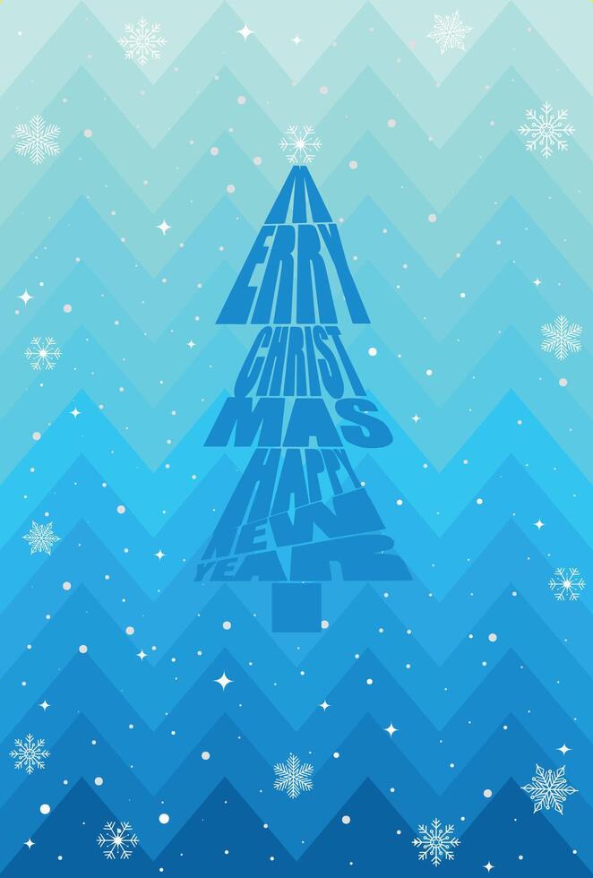 The inscription Merry Christmas and Happy New Year in the form of a Christmas tree. Christmas background with handwritten typography and snowflakes. . vector