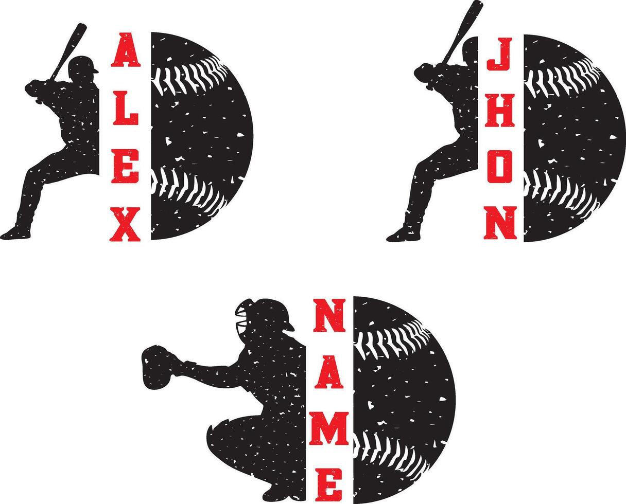 Baseball Men Custom Name, Baseball Player, Half Baseball Men Silhouette vector