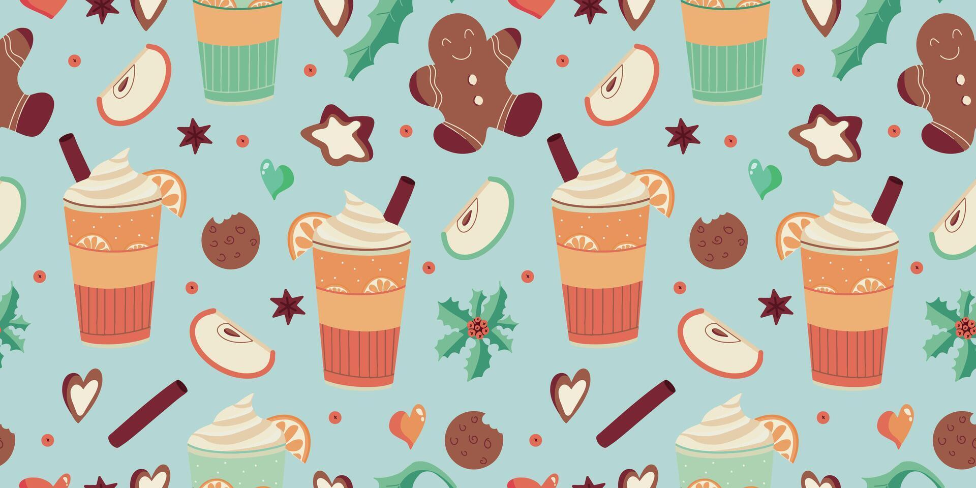 Christmas seamless pattern with cute characters, gingerbread men, sweets, holiday pastries and drinks. Design for Christmas backgrounds, wrapping paper. vector