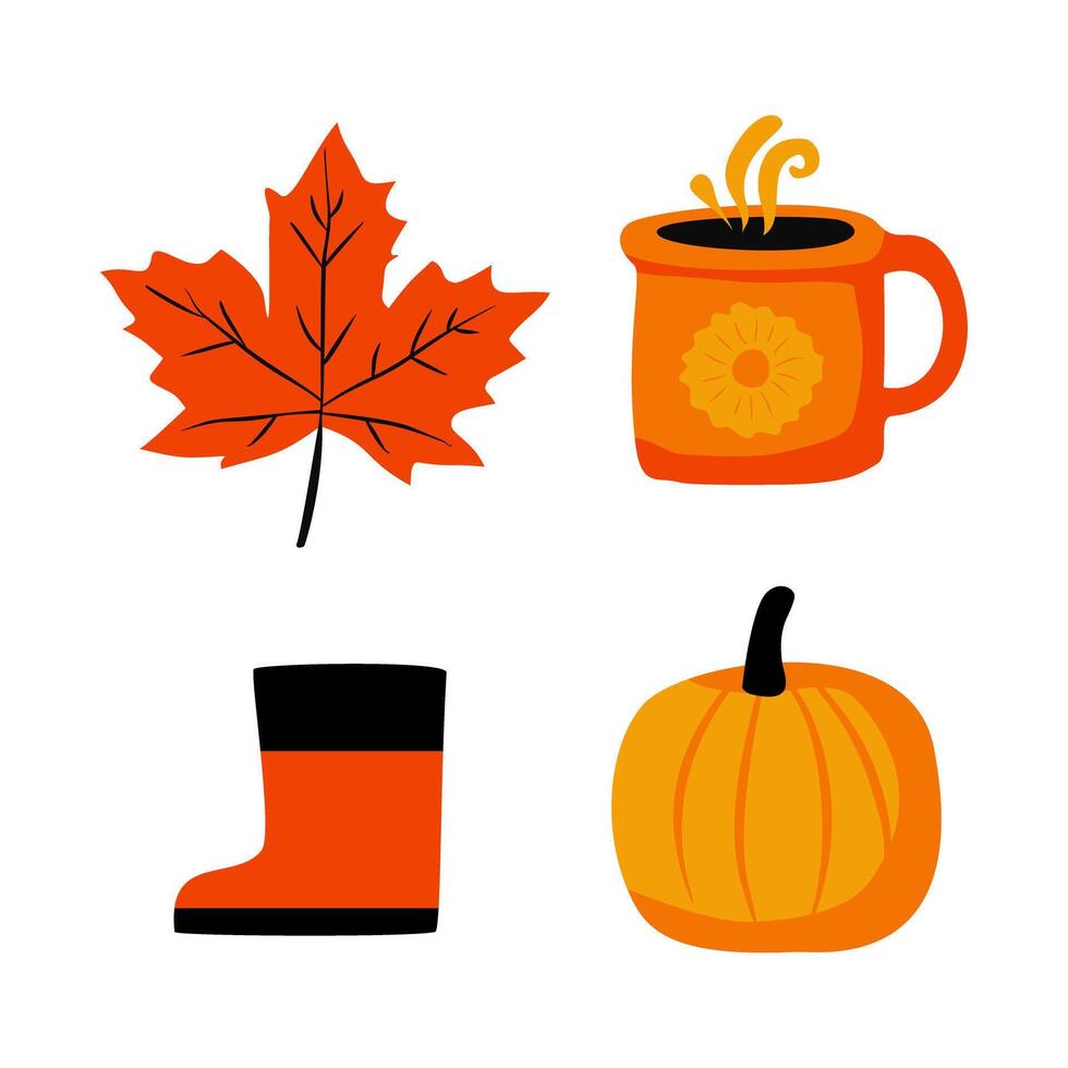 Autumn Seasonal with Leaf, Mug, Boot, and Pumpkin vector