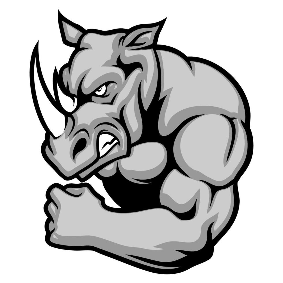rhino mascot showing his muscle arm vector
