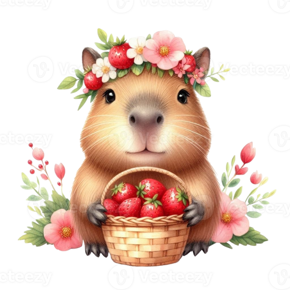 aigenerated capybara holding a basket of strawberries png