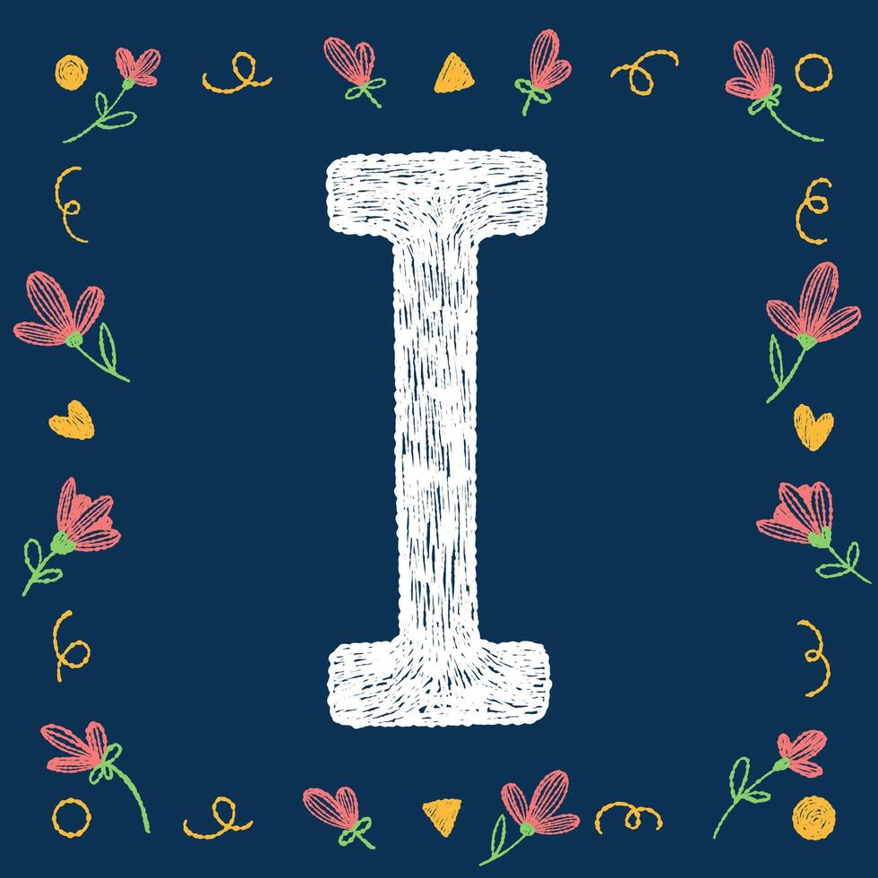 Playful hand-drawn chalk textured uppercase letter I with decorative elements on a blue background, ideal for educational and creative design projects. vector