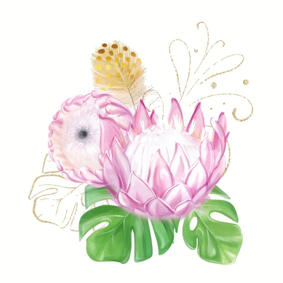 Watercolor composition, bouquet of creative flowers, pink protea and exotic monstera leaves. vector