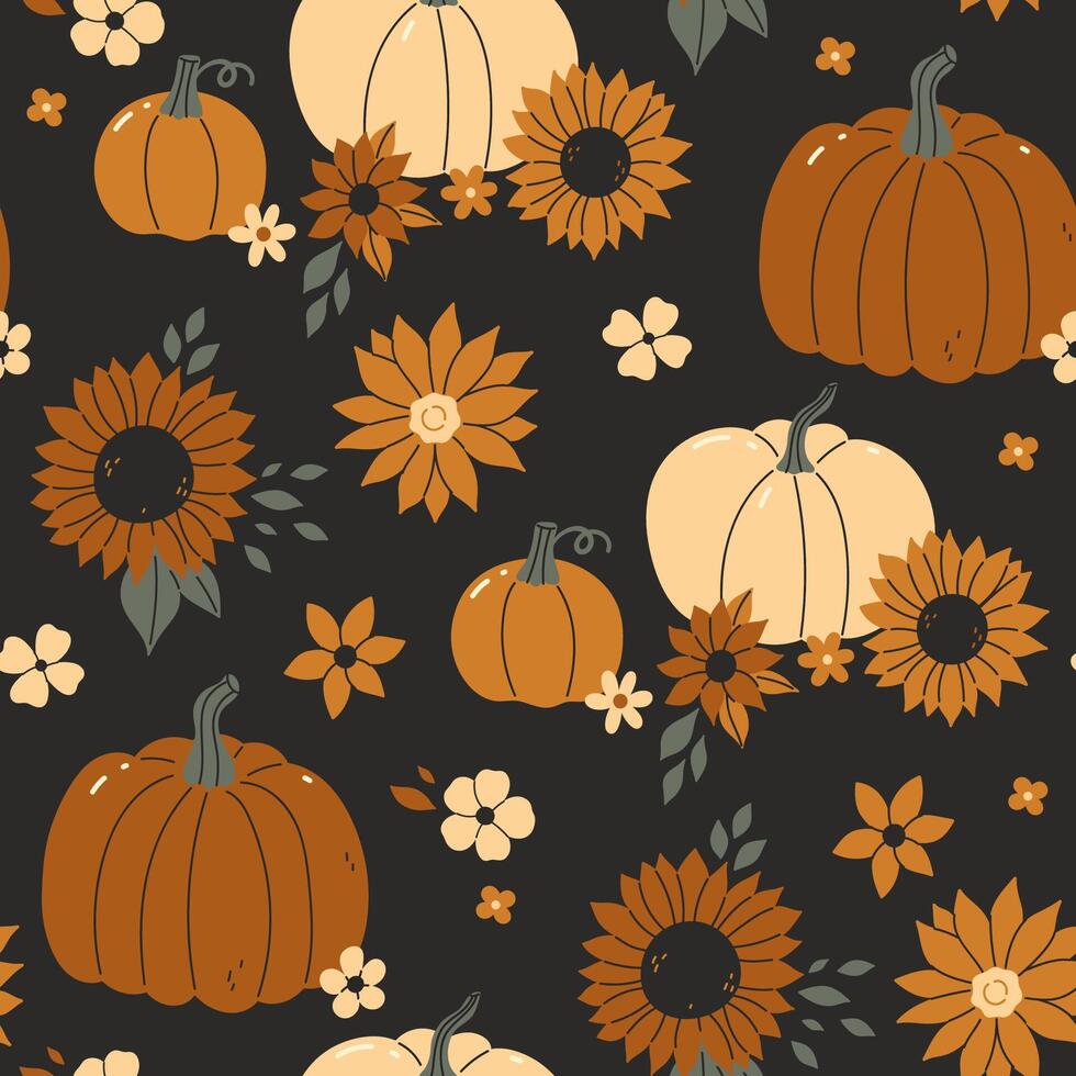 Seamless pattern of autumn flowers and pumpkins on a dark background. graphics. vector