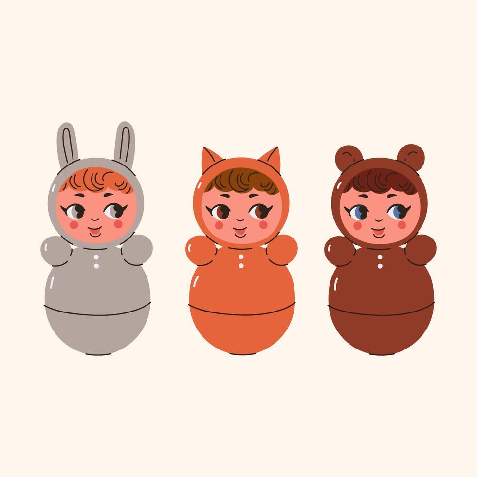 Set of cute tumbler dolls in animal costumes. graphics vector