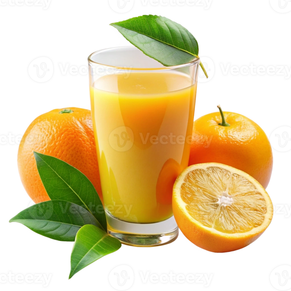 Fresh Orange Juice with Oranges and Leaves png