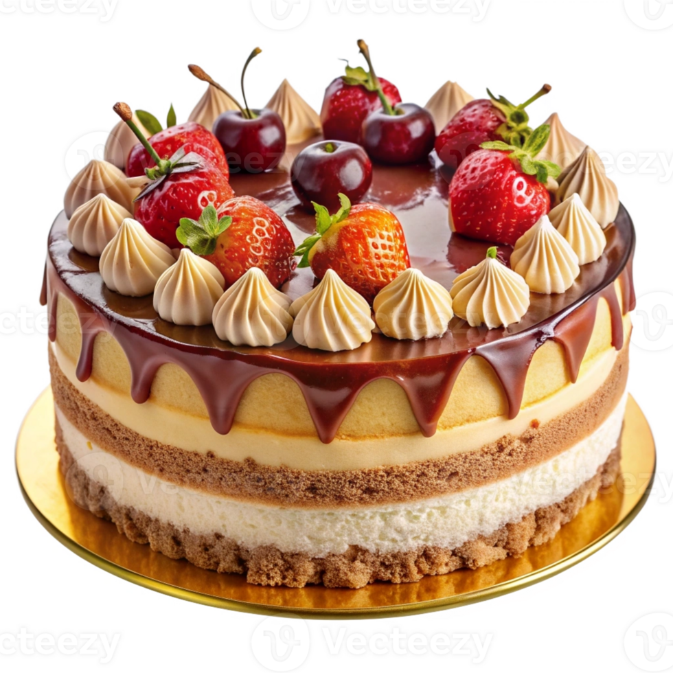 Delicious Strawberry and Cherry Cake with Chocolate Drizzle png