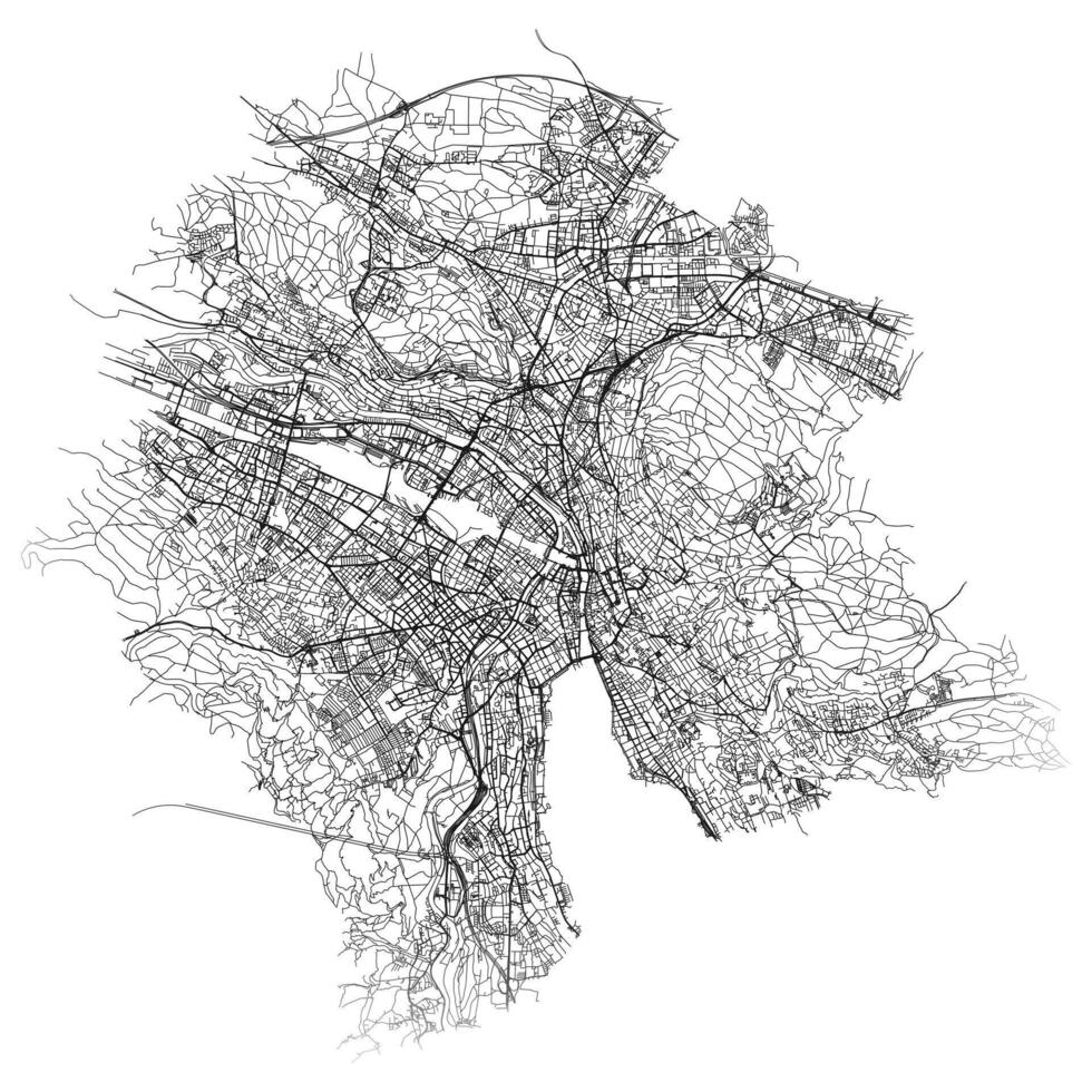 Zurich city map with roads and streets, Switzerland, outline illustration. vector
