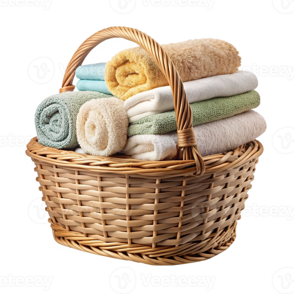 Wicker Basket Filled with Fresh Towels png