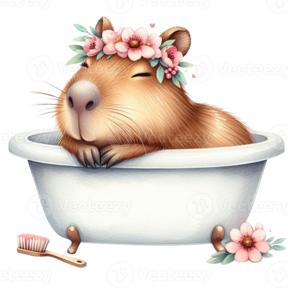 aigenerated capybara sleeping in the bathtub png